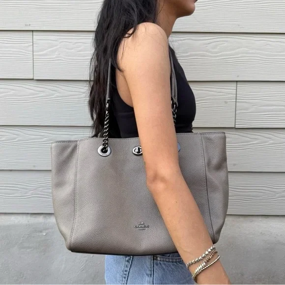 Coach Gray Leather Tote with Chain Handles and Turnlock - Picture 4 of 16